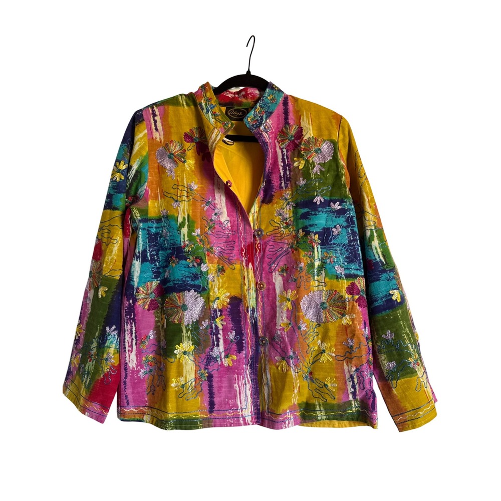 Vintage Alex Kim Womens Blazer‎ PS Colorful Embroidered Mandarin Collar Floral